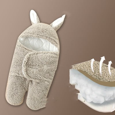 Beige plush toy with white interior on a brown background