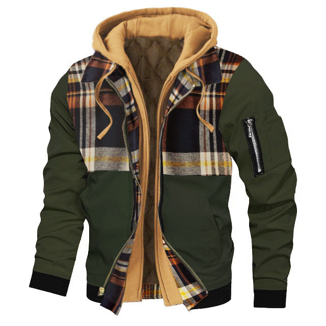 Green jacket with plaid lining and yellow hood on a white background