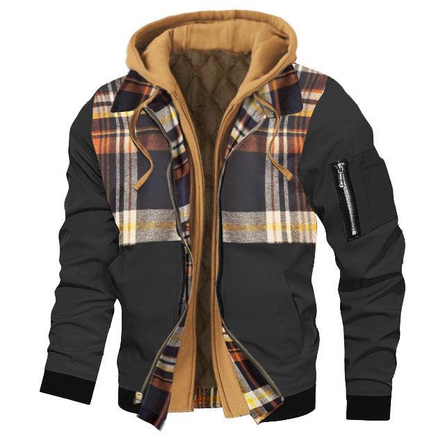 Black jacket with plaid pattern and brown lining on a white background