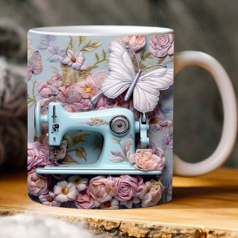 Mug with a sewing machine and floral design on a wooden surface