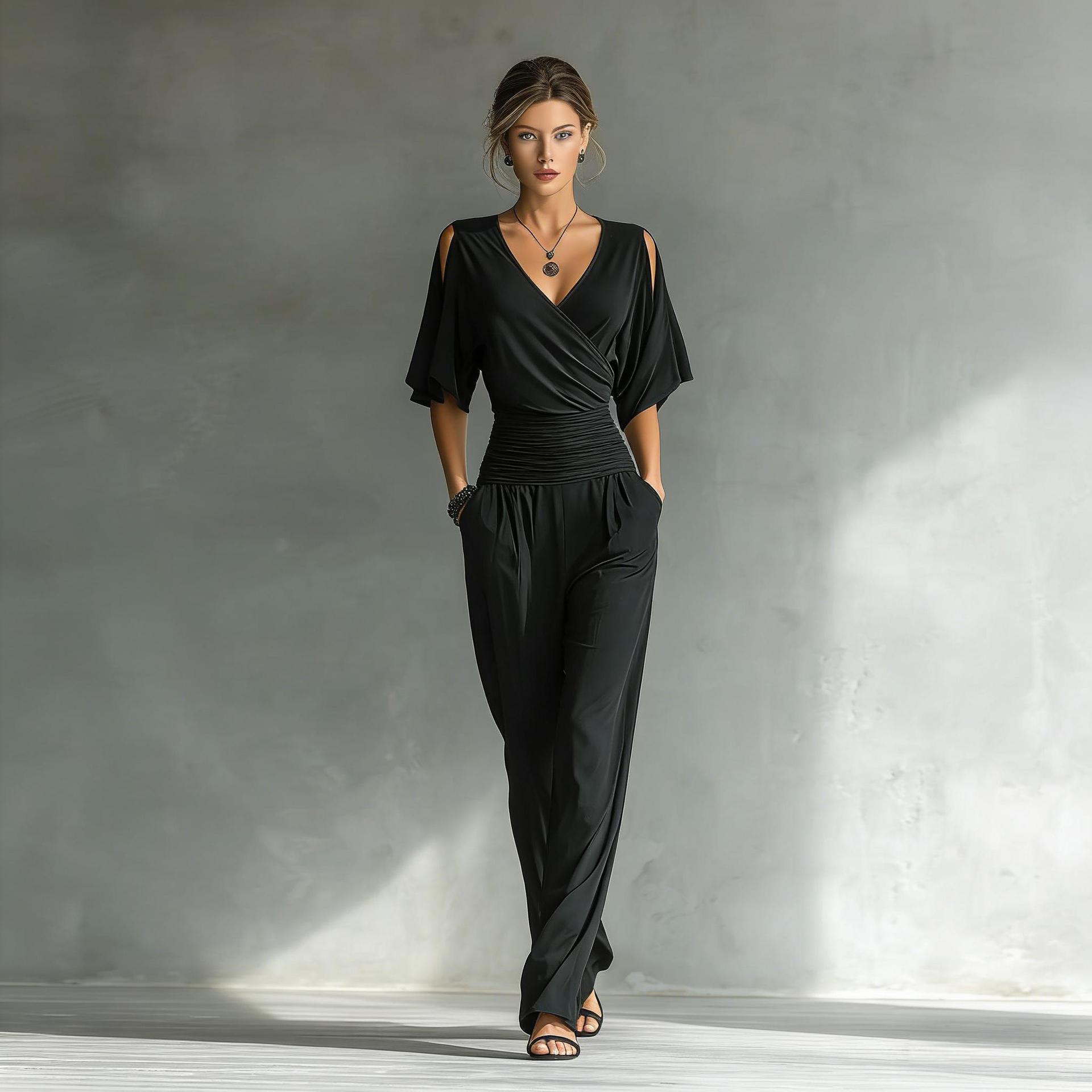 Woman wearing a black jumpsuit against a gray background