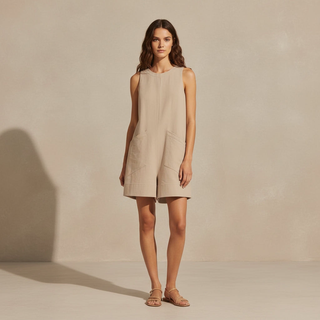Woman wearing a beige sleeveless dress with pockets on a plain background