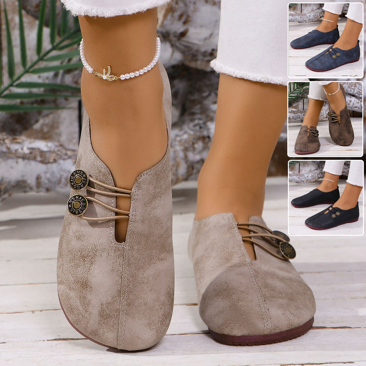 Pair of brown suede shoes with decorative laces on a wooden floor, with additional images of the shoes in different colors.