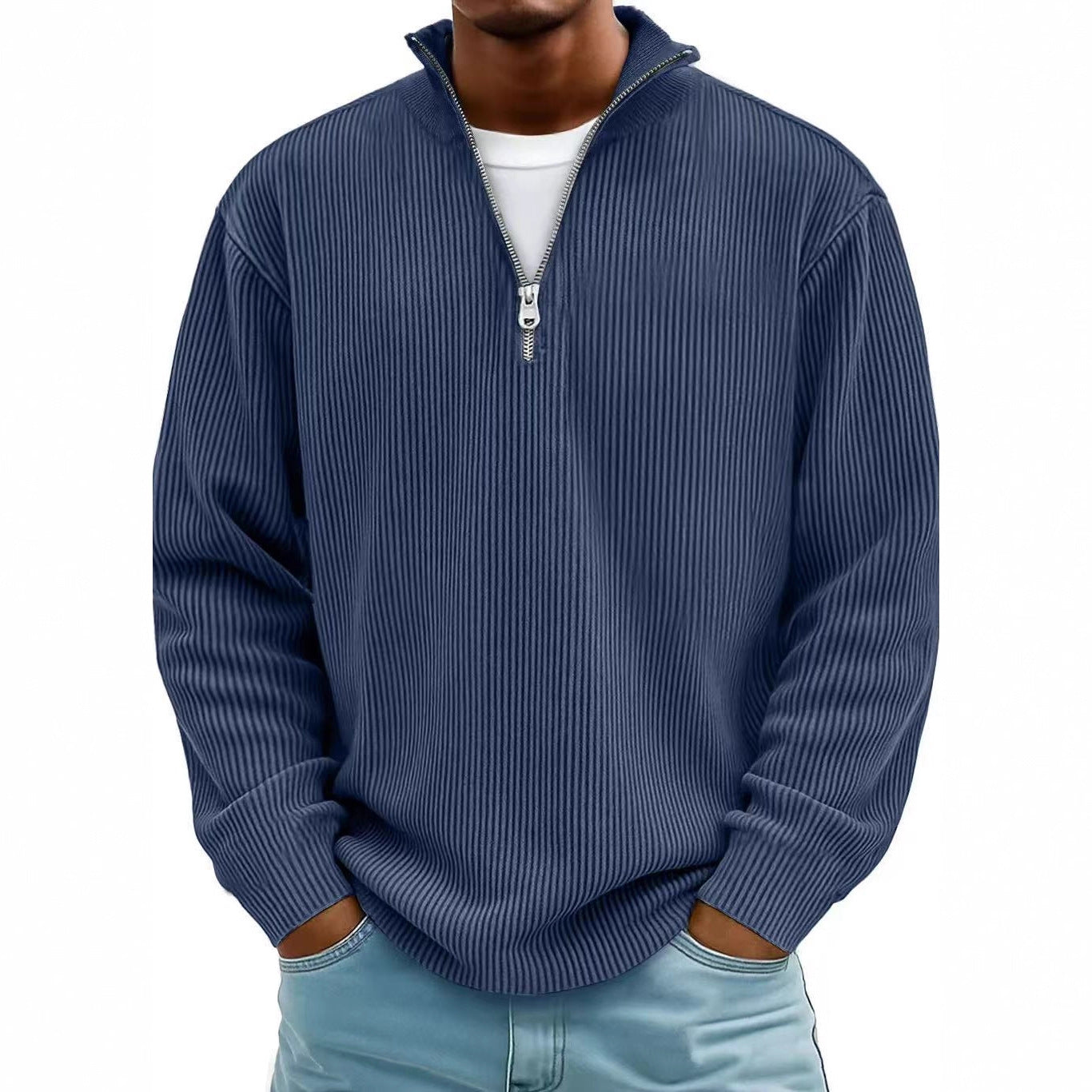 Corduroy Zipper Stand Collar Sweatshirt - AmiraMart