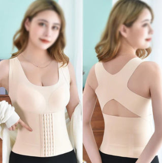 Woman wearing a beige back support brace with a plain background