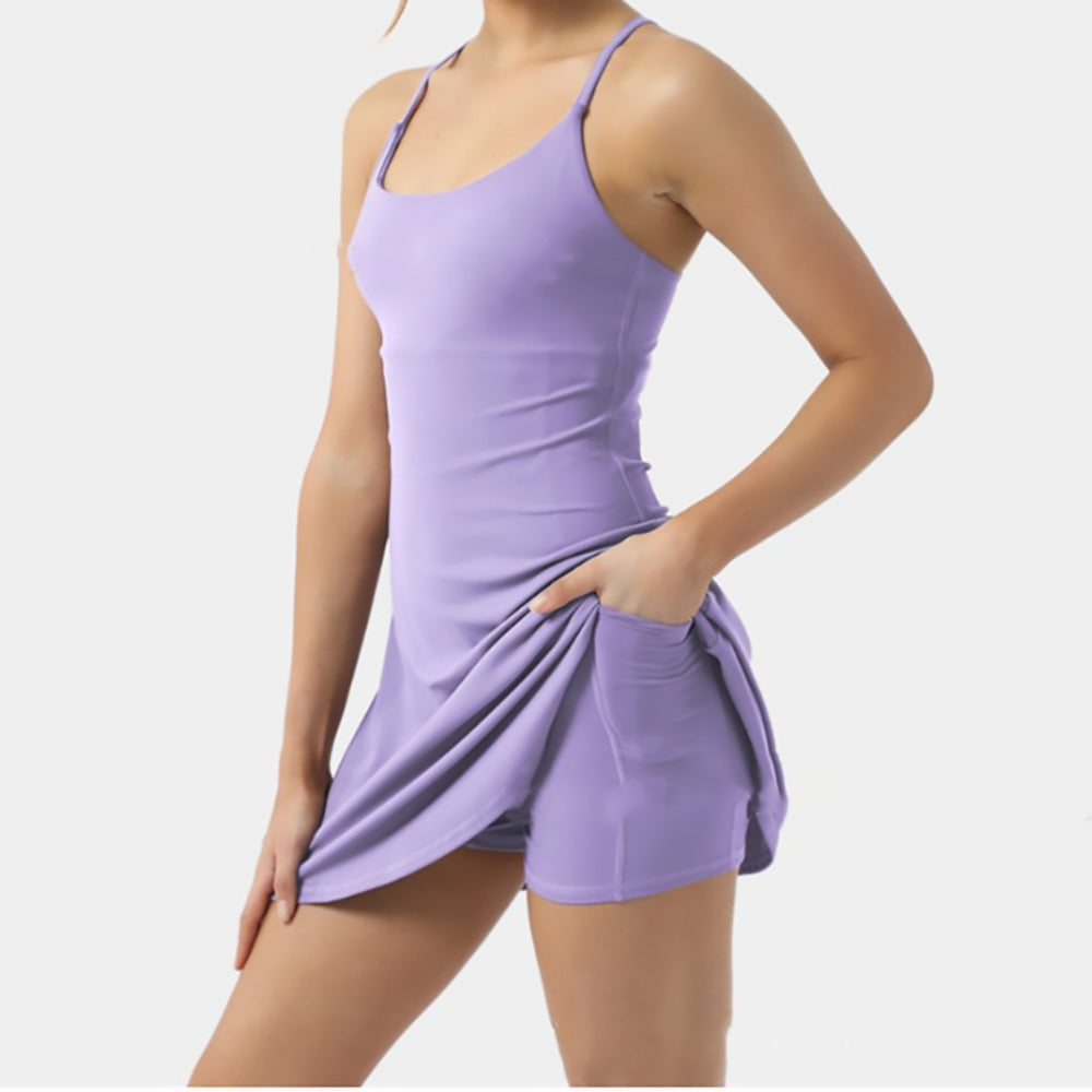 Woman wearing a purple dress on a white background