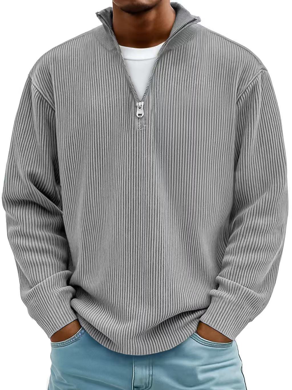 Corduroy Zipper Stand Collar Sweatshirt - AmiraMart