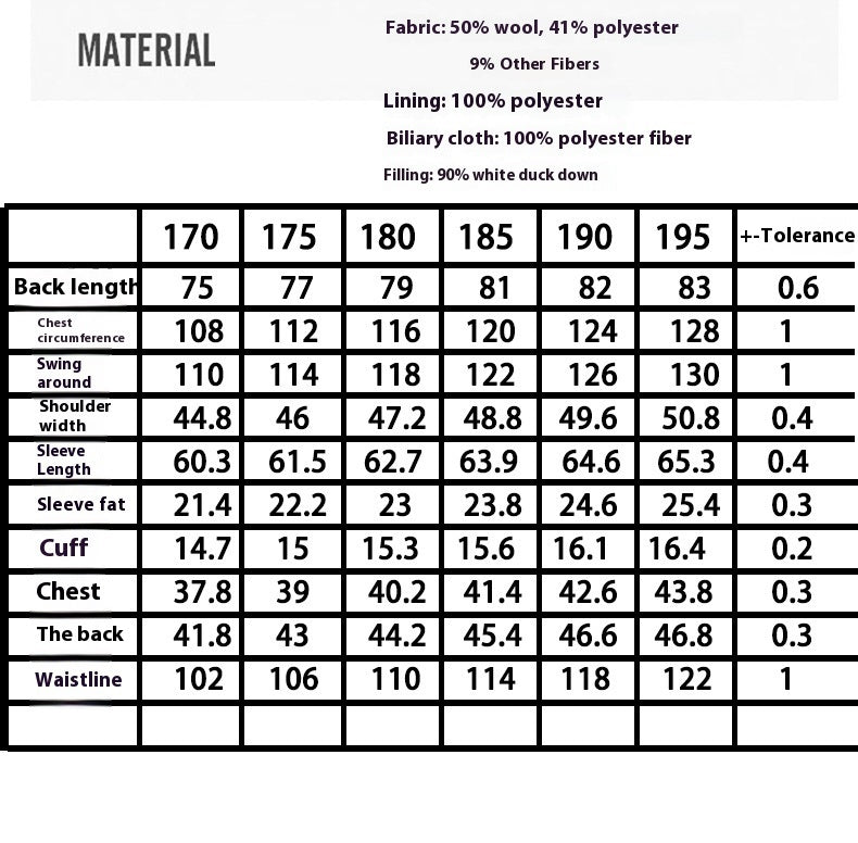 Measurement chart for clothing with various dimensions and material details.