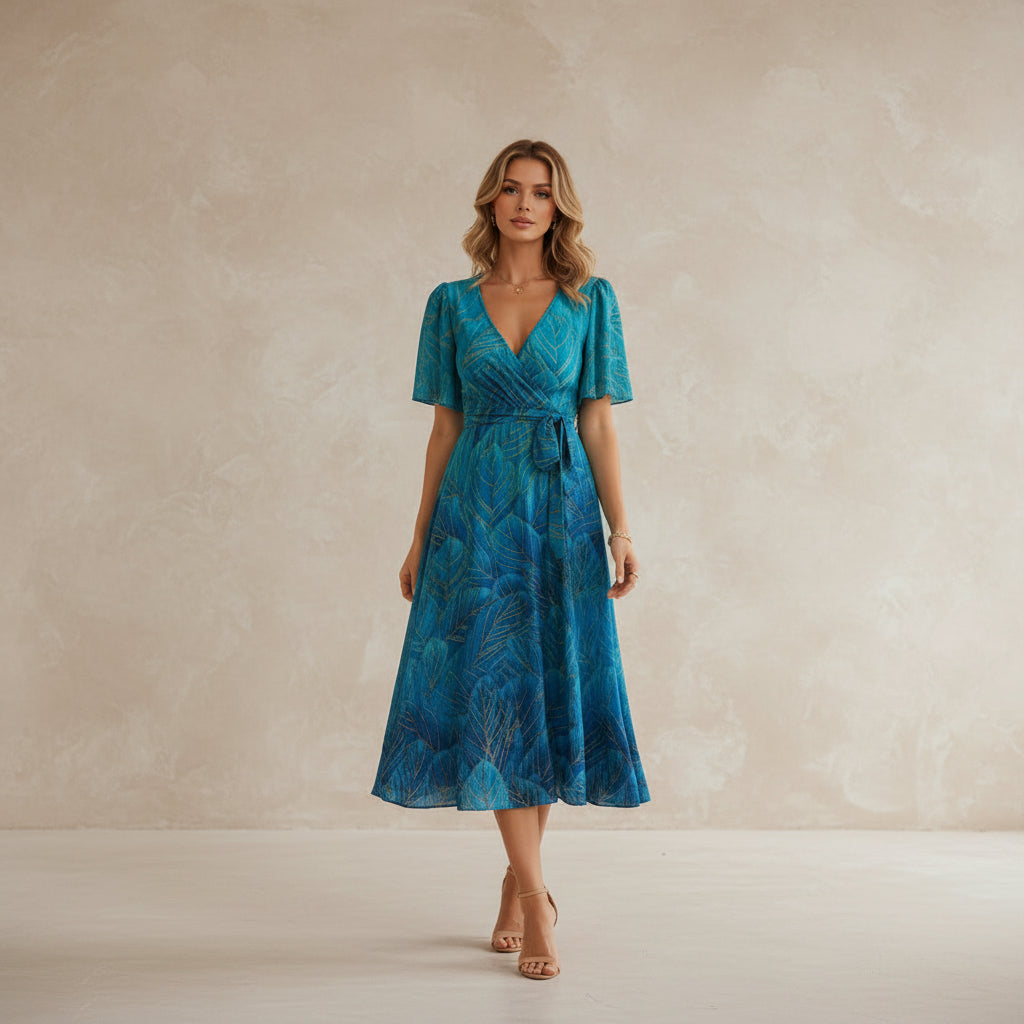Woman wearing a blue patterned dress on a white background