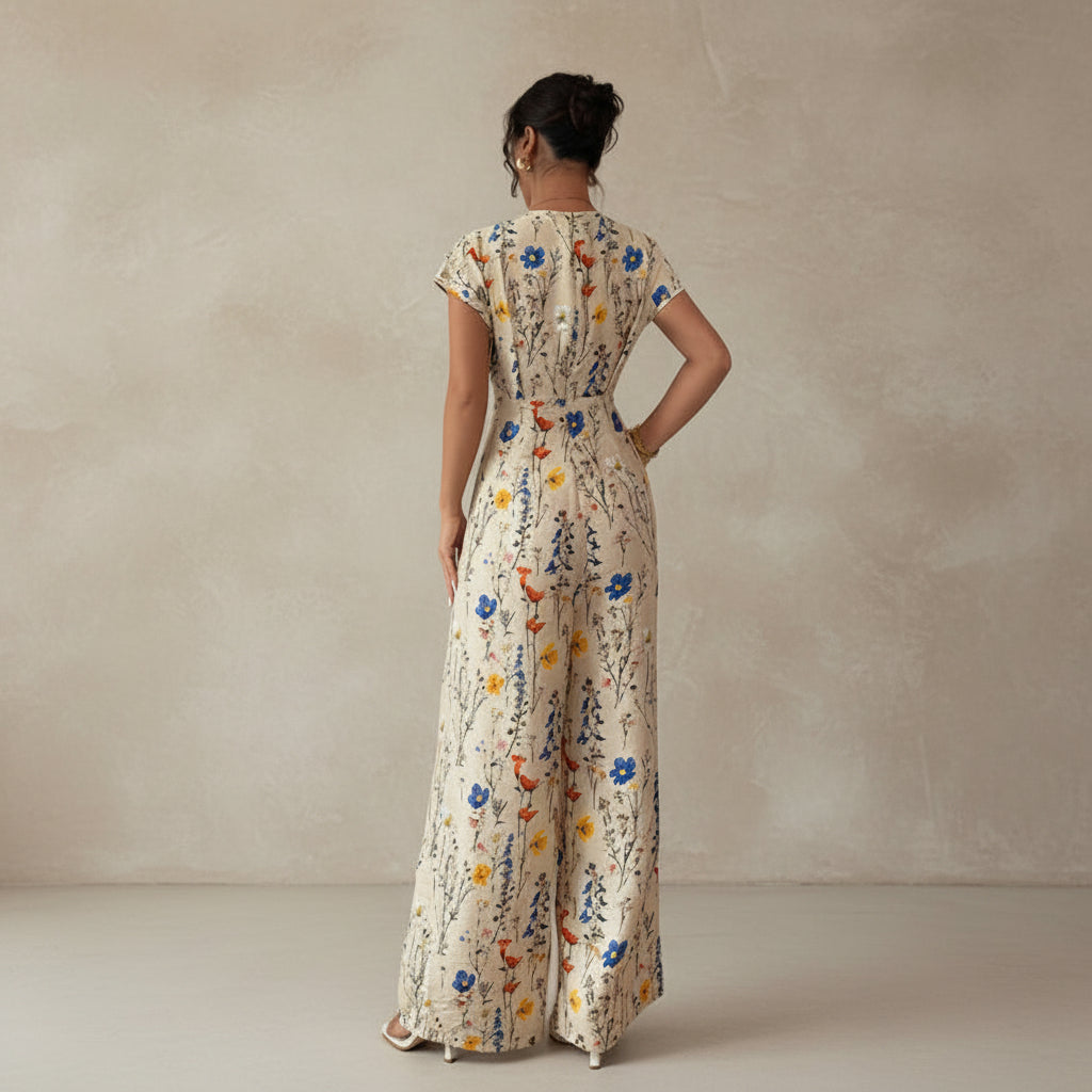 Woman wearing a floral dress standing in a room with white curtains and gray floor.