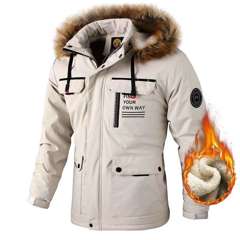 White winter jacket with fur hood and flame design on sleeve against a white background