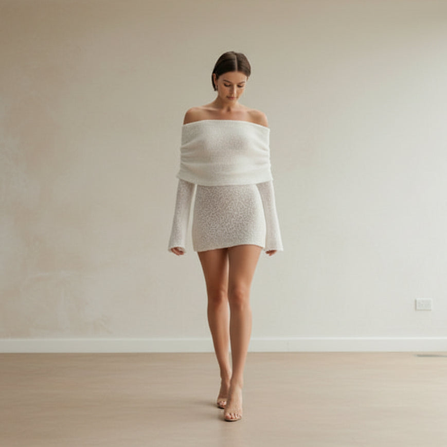Elegant Knitted Bodycon Dress – Off - Shoulder & Long Sleeve - AmiraMart