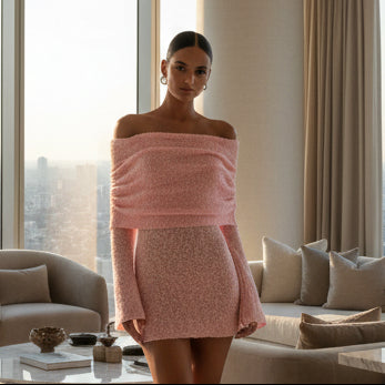 Elegant Knitted Bodycon Dress – Off - Shoulder & Long Sleeve - AmiraMart