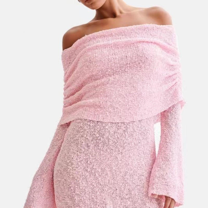Elegant Knitted Bodycon Dress – Off - Shoulder & Long Sleeve - AmiraMart