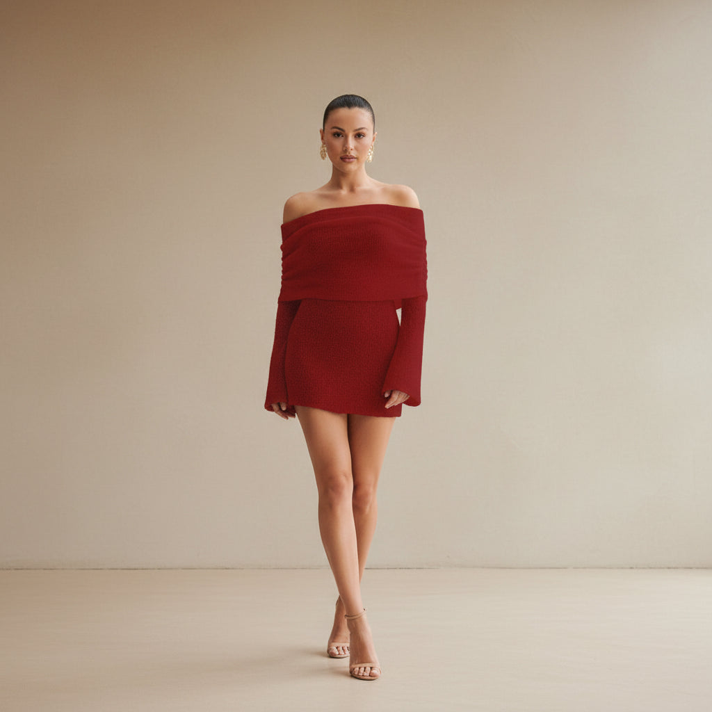 Elegant Knitted Bodycon Dress – Off - Shoulder & Long Sleeve - AmiraMart