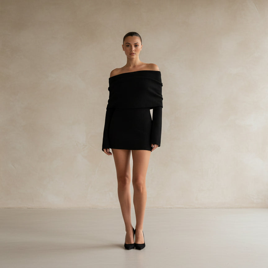 Elegant Knitted Bodycon Dress – Off - Shoulder & Long Sleeve - AmiraMart