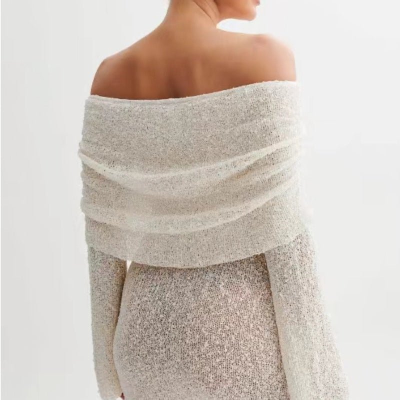 Elegant Knitted Bodycon Dress – Off - Shoulder & Long Sleeve - AmiraMart