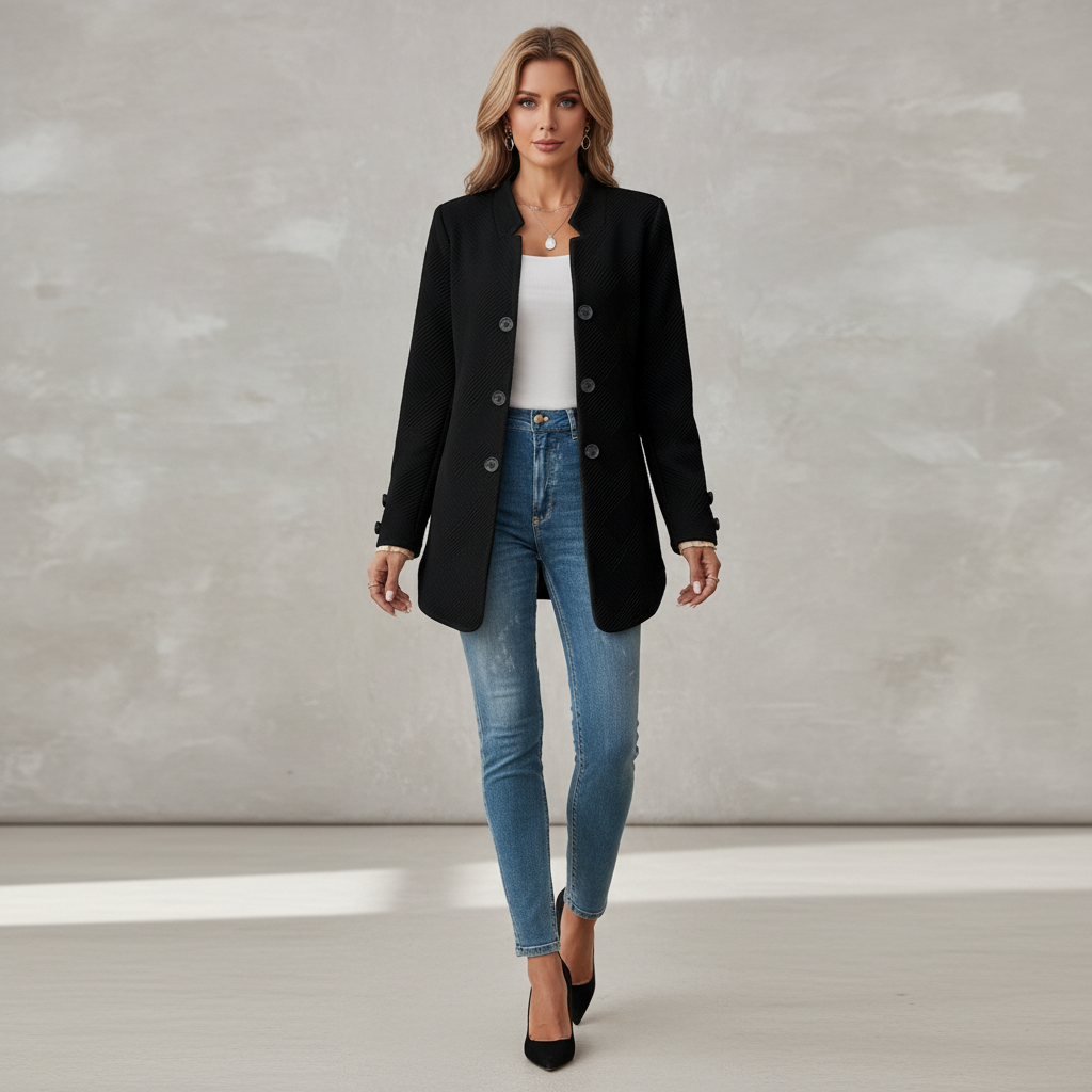 A woman modeling a black double-breasted blazer over a white top and blue skinny jeans, standing against a textured gray studio wall.