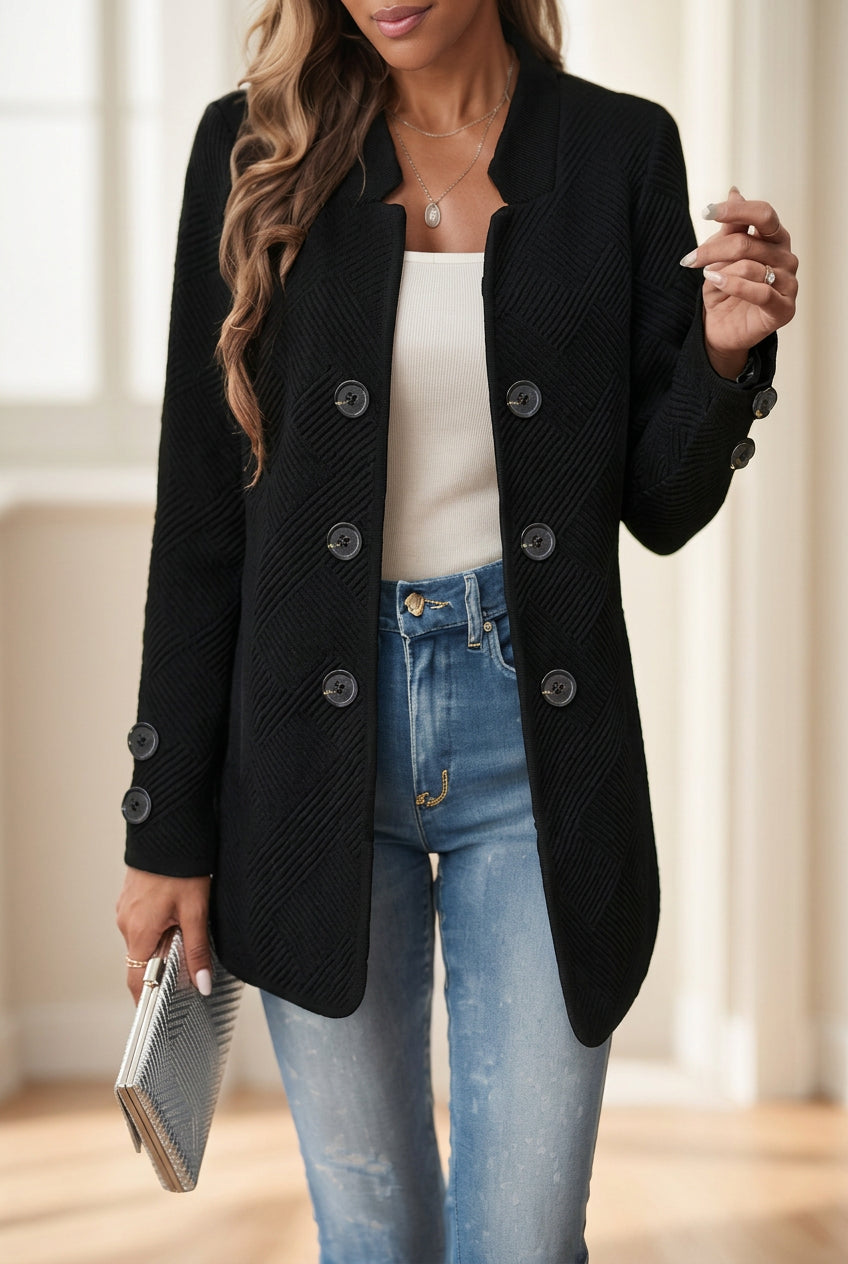 Elegant Plus Size Women'S Casual Knit Polyester Jacket With Double Button Detail And Decorative Pockets - AmiraMart