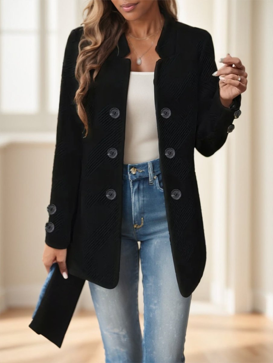 Elegant Plus Size Women'S Casual Knit Polyester Jacket With Double Button Detail And Decorative Pockets - AmiraMart