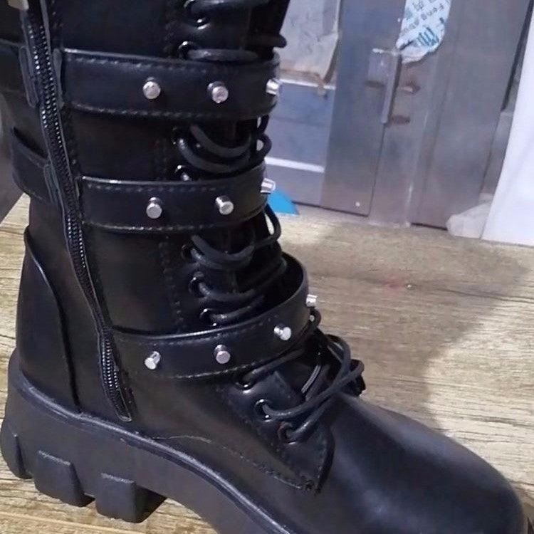 European And American Mid - calf Buckle Knight Boots - AmiraMart