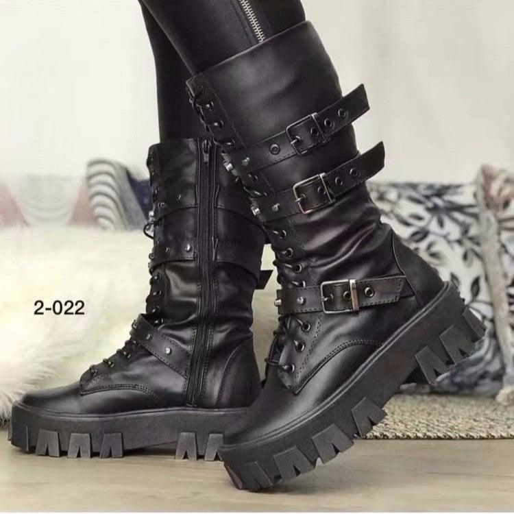 European And American Mid - calf Buckle Knight Boots - AmiraMart