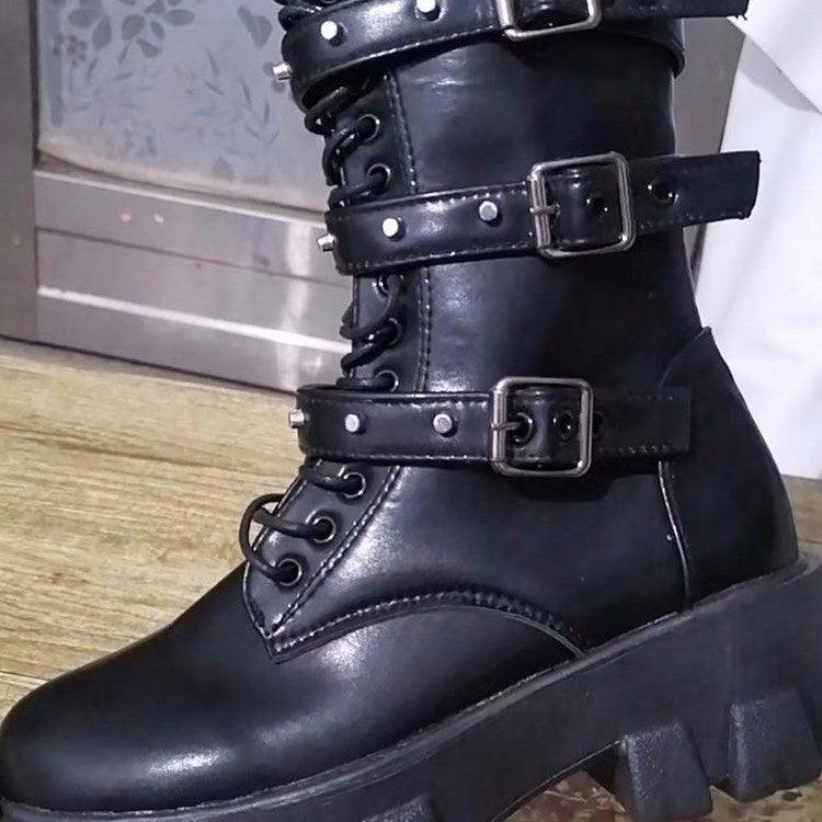 European And American Mid - calf Buckle Knight Boots - AmiraMart