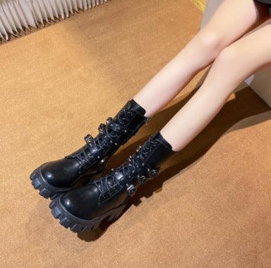 European And American Mid - calf Buckle Knight Boots - AmiraMart