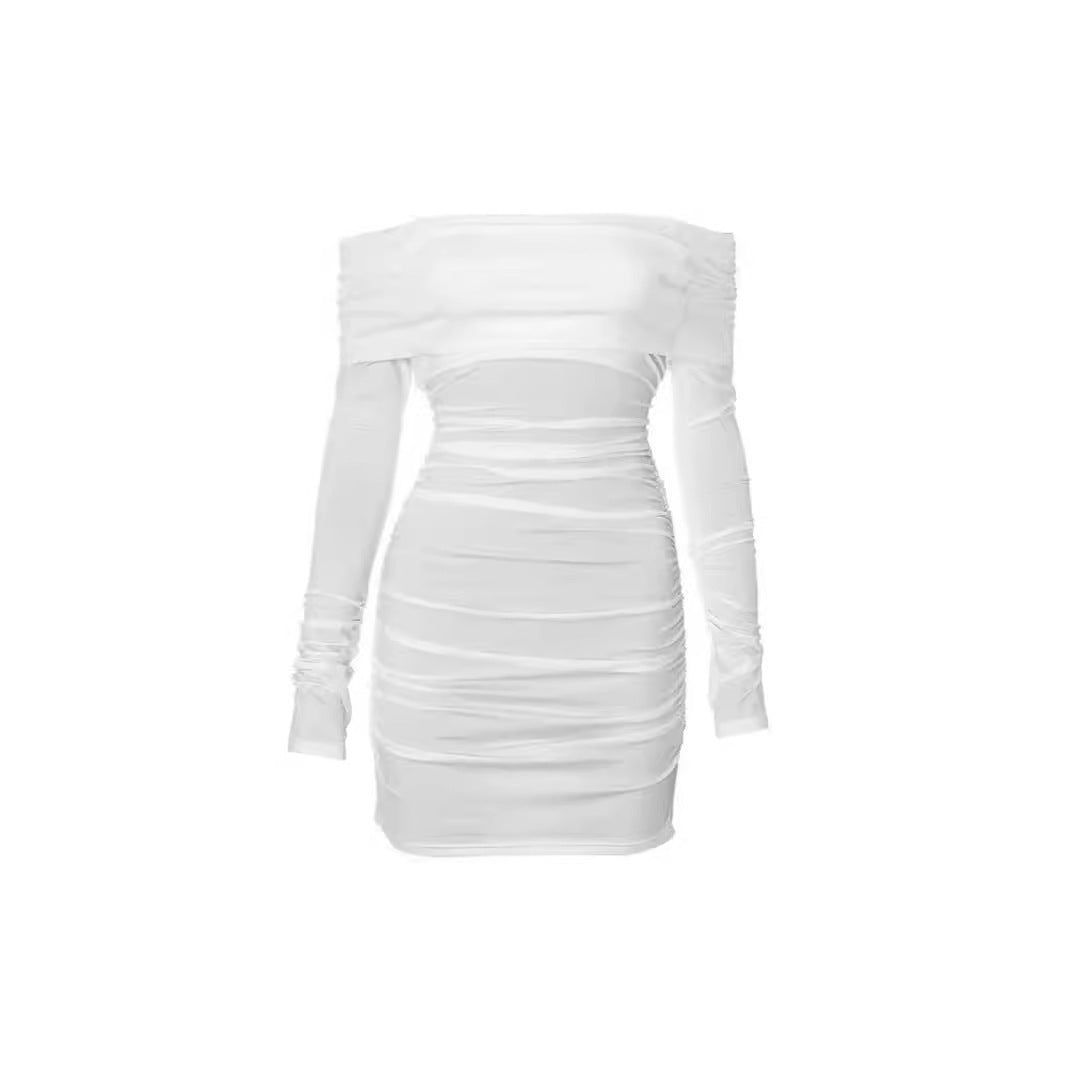 Off - shoulder Dress Sexy Pleated Fashion - AmiraMart