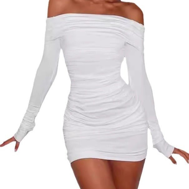 Off - shoulder Dress Sexy Pleated Fashion - AmiraMart