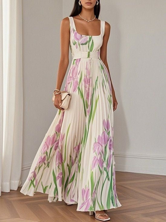 European And American Pleated Printing Dress - AmiraMart