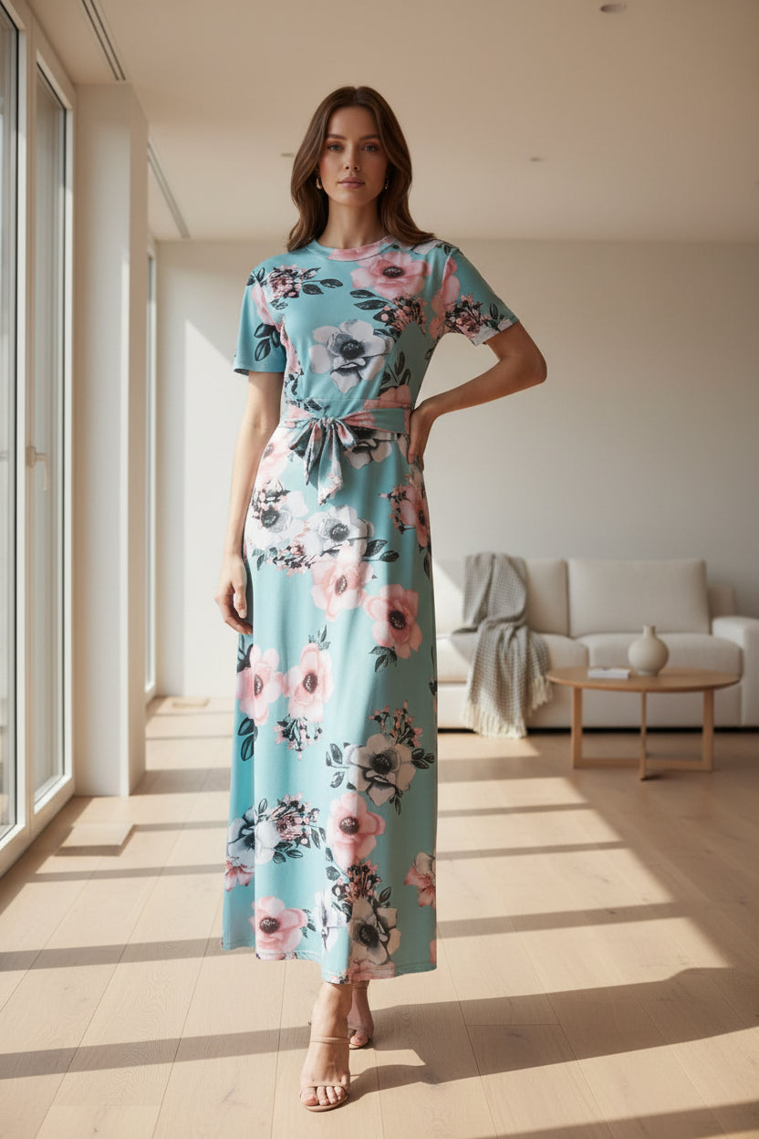 European And American Style Flower Print Short - sleeved Big Dress Women - AmiraMart