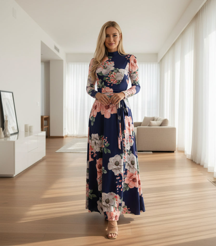 European And American Style Flower Print Short - sleeved Big Dress Women - AmiraMart