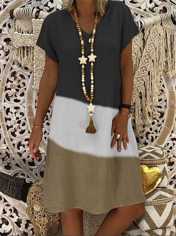 Explosive print V - neck short sleeve dress - AmiraMart
