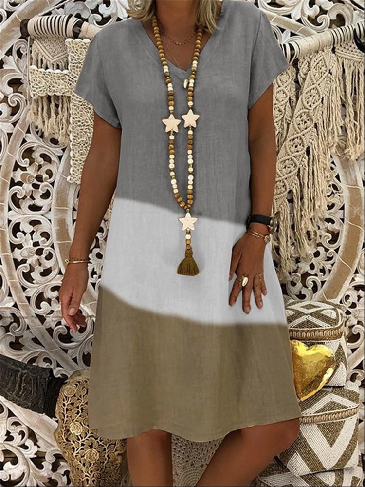 Explosive print V - neck short sleeve dress - AmiraMart