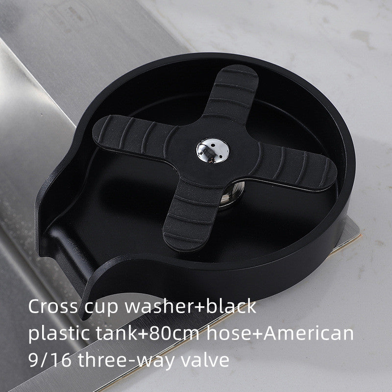 Black cross cup washer with black plastic tank, 80cm hose, and American 9/16 three-way valve on a gray background.