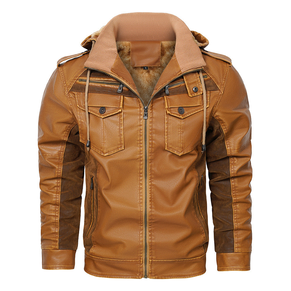 Brown leather jacket with a hood on a white background