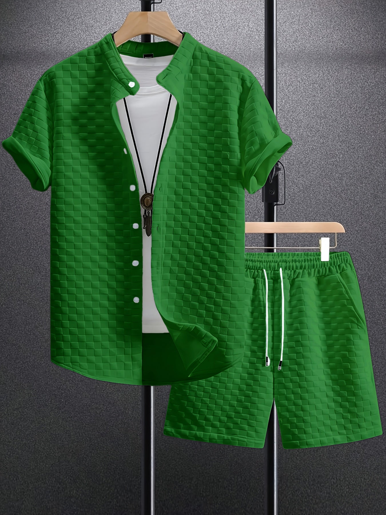Men's Jacquard Casual Short Sleeve Shirt Outfit - AmiraMart