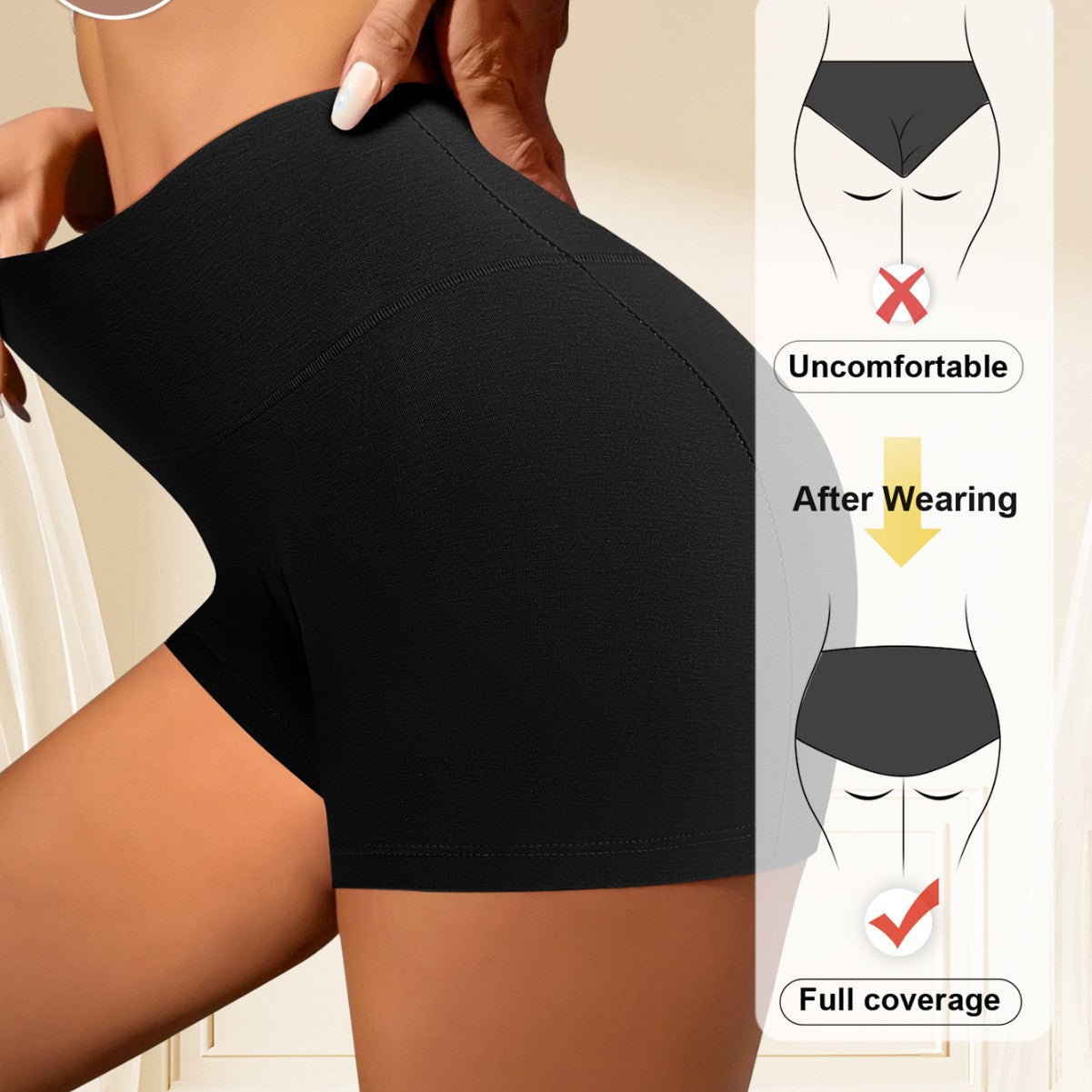 Black high-waisted shorts being worn with a diagram showing comfort improvement.