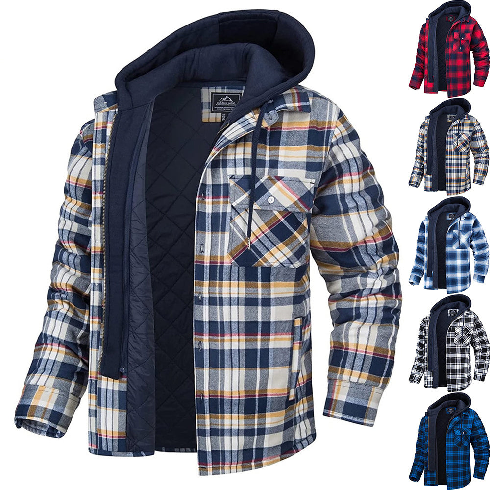 Plaid jacket with quilted navy lining on a white background