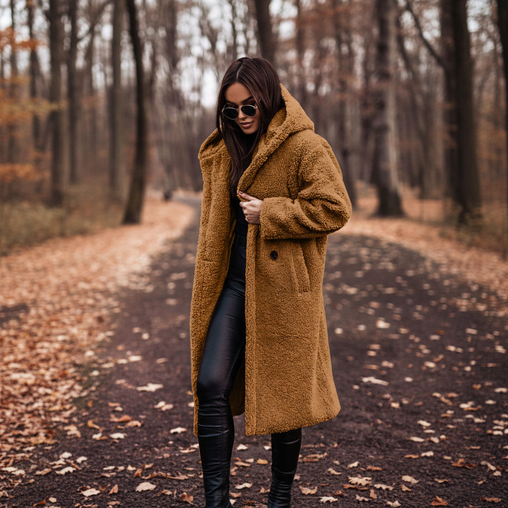 Woman wearing a brown coat in a forest setting