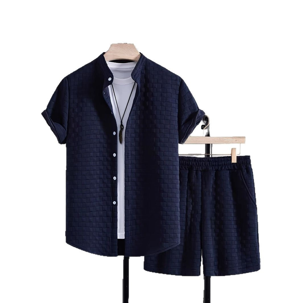 Men's Jacquard Casual Short Sleeve Shirt Outfit - AmiraMart