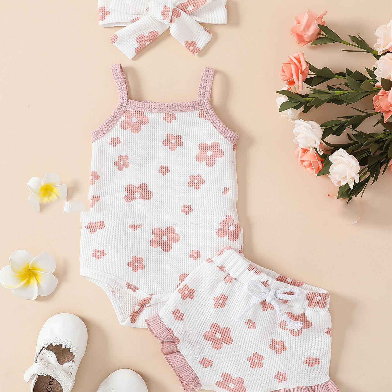 Baby Girl Waffle Print Overall Dress Set - AmiraMart