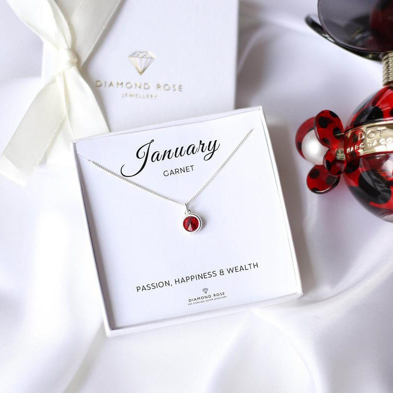 Garnet necklace on a Diamond Rose card