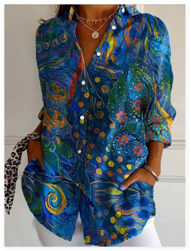 Person wearing a colorful patterned shirt with a white background