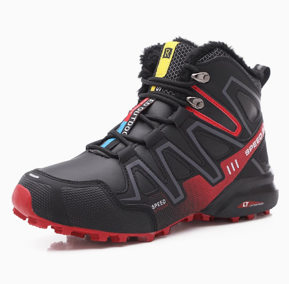 Black and red hiking boot with visible brand logo on a white background