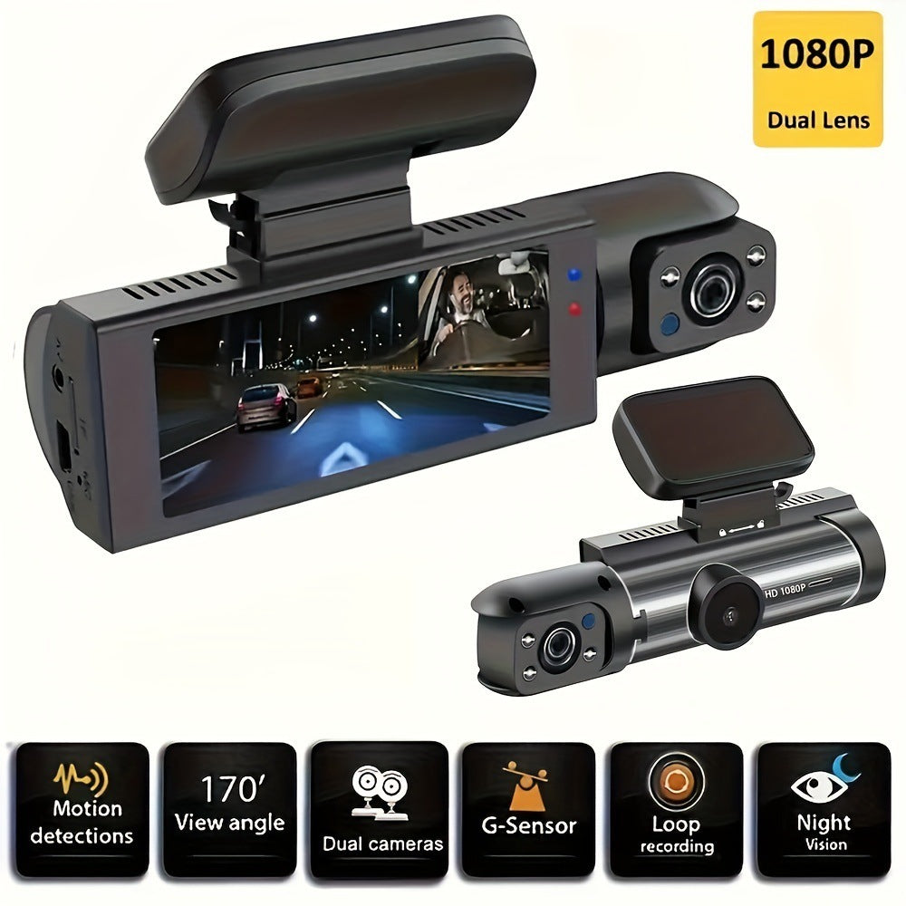 Car dashboard camera with dual lenses and features displayed on a white background