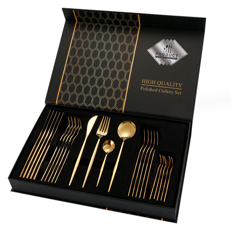 Gold cutlery set in a black box with 'High Quality' branding.