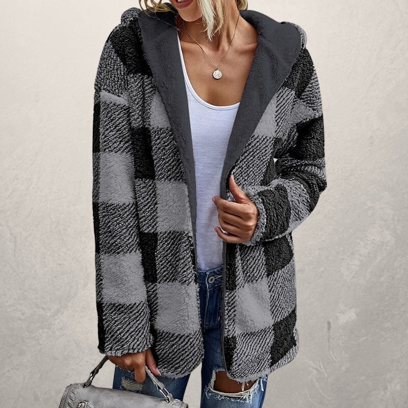 Fall and winter plaid medium plush coat - AmiraMart