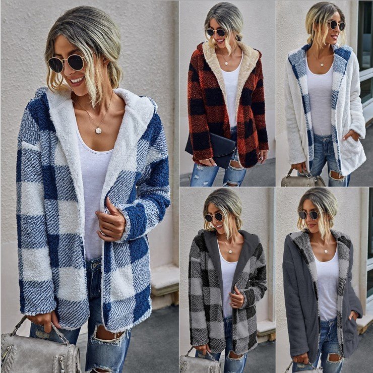 Fall and winter plaid medium plush coat - AmiraMart